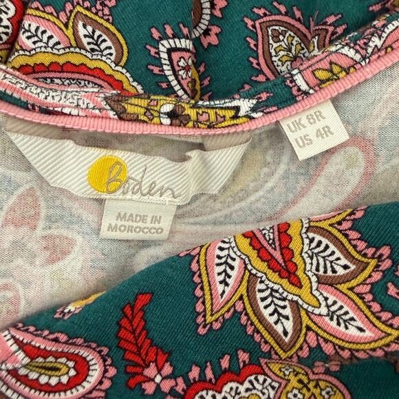 Boden Paisley Midi Dress | Green Pink Boho Print Flowy V-Neck | Boho Size 4R - Picture 4 of 12